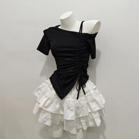 BY13160# 白色蕾丝蛋糕蓬蓬裙甜美半身裙显瘦防走光斜领抽绳短袖上衣套装女 服裝批發女裝批發服飾貨源