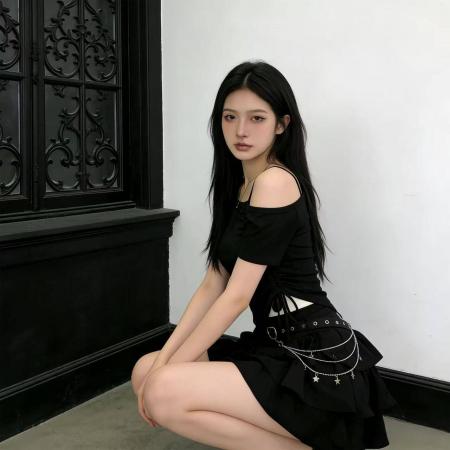 BY13161# 黑色暗黑风两件套女冬季斜肩抽绳上衣蛋糕裙显瘦套装 服裝批發女裝批發服飾貨源