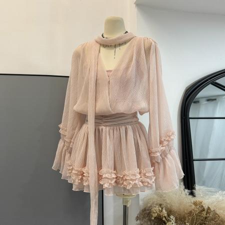 BY13164# 粉色雪纺连衣裙女海边丁达尔裙法式气质特别漂亮掐腰小裙子纯欲春 服裝批發女裝批發服飾貨源