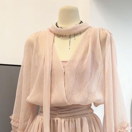 BY13164# 粉色雪纺连衣裙女海边丁达尔裙法式气质特别漂亮掐腰小裙子纯欲春 服裝批發女裝批發服飾貨源