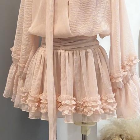 BY13164# 粉色雪纺连衣裙女海边丁达尔裙法式气质特别漂亮掐腰小裙子纯欲春 服裝批發女裝批發服飾貨源
