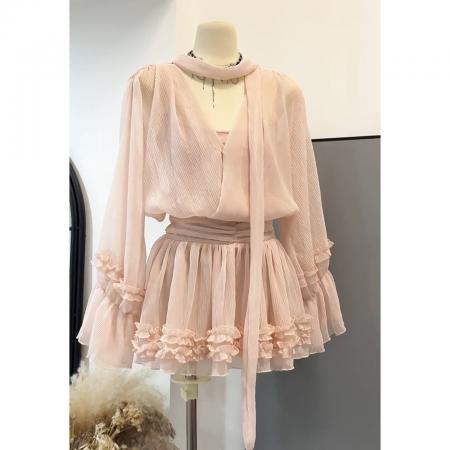 BY13164# 粉色雪纺连衣裙女海边丁达尔裙法式气质特别漂亮掐腰小裙子纯欲春 服裝批發女裝批發服飾貨源