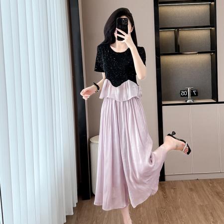 BY13165# 夏季时尚爆款小众设计感气质短袖上衣+琉璃冰丝垂感阔腿裤 服裝批發女裝批發服飾貨源