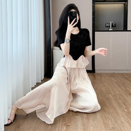 BY13165# 夏季时尚爆款小众设计感气质短袖上衣+琉璃冰丝垂感阔腿裤 服裝批發女裝批發服飾貨源