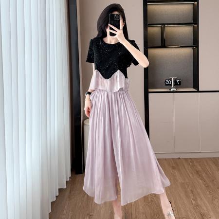 BY13165# 夏季时尚爆款小众设计感气质短袖上衣+琉璃冰丝垂感阔腿裤 服裝批發女裝批發服飾貨源