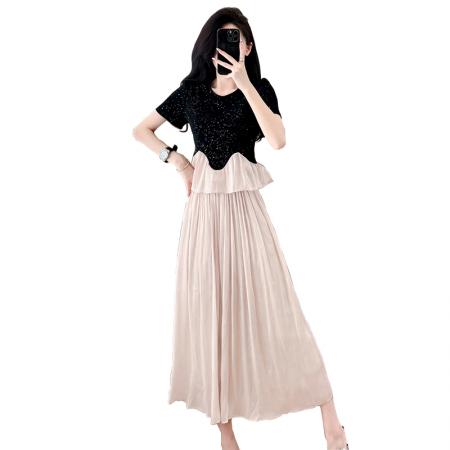 BY13165# 夏季时尚爆款小众设计感气质短袖上衣+琉璃冰丝垂感阔腿裤 服裝批發女裝批發服飾貨源