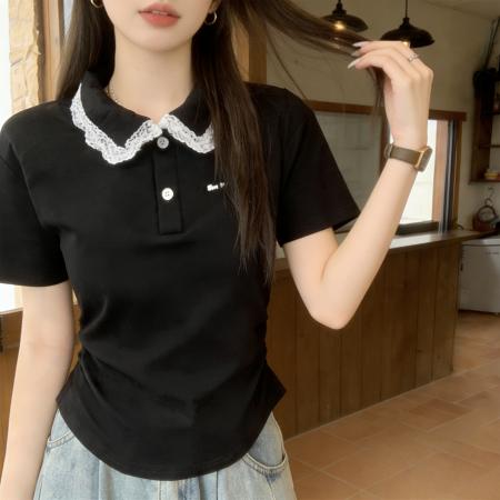 BY13167# 精棉大码女装夏装撞色拼接蕾丝polo领短袖T恤上衣 服裝批發女裝批發服飾貨源