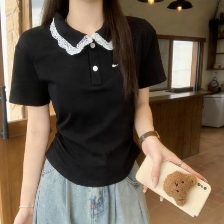 BY13167# 精棉大码女装夏装撞色拼接蕾丝polo领短袖T恤上衣 服裝批發女裝批發服飾貨源