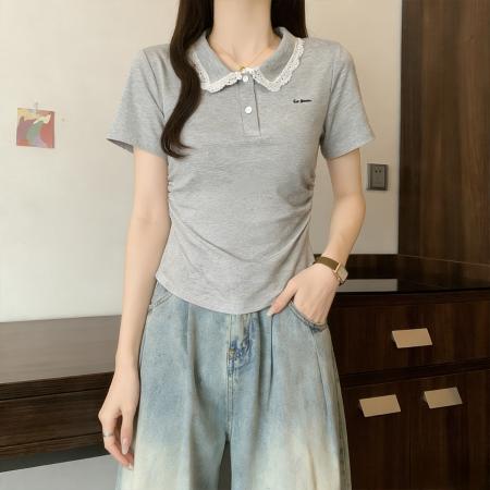 BY13167# 精棉大码女装夏装撞色拼接蕾丝polo领短袖T恤上衣 服裝批發女裝批發服飾貨源