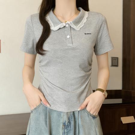 BY13167# 精棉大码女装夏装撞色拼接蕾丝polo领短袖T恤上衣 服裝批發女裝批發服飾貨源