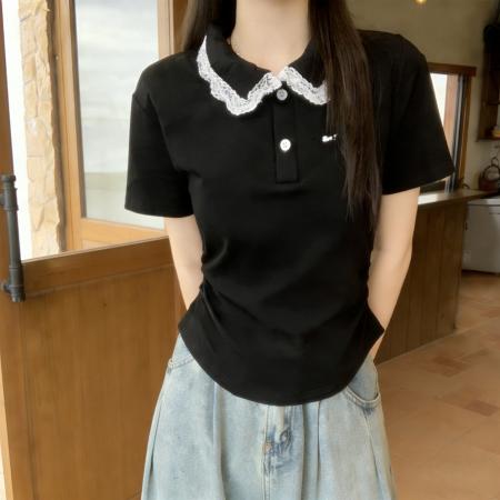 BY13167# 精棉大码女装夏装撞色拼接蕾丝polo领短袖T恤上衣 服裝批發女裝批發服飾貨源