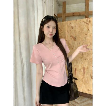 BY13172# 大码女装夏季新款修身显瘦纯色不规则领短袖T恤上衣 服裝批發女裝批發服飾貨源