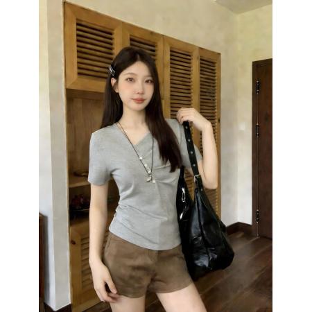 BY13172# 大码女装夏季新款修身显瘦纯色不规则领短袖T恤上衣 服裝批發女裝批發服飾貨源