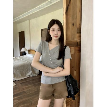 BY13172# 大码女装夏季新款修身显瘦纯色不规则领短袖T恤上衣 服裝批發女裝批發服飾貨源