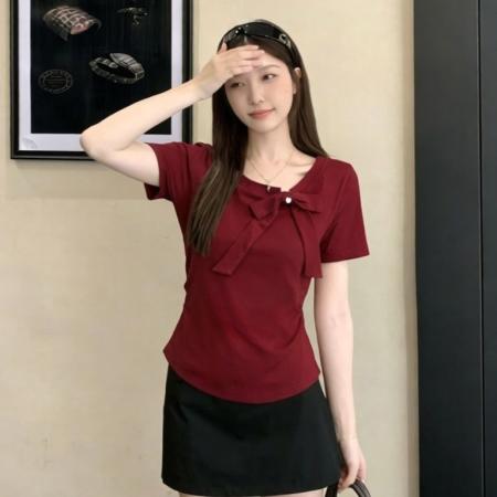BY13173# 夏款大码女装设计感法式显瘦百搭蝴蝶结别致短袖上衣 服裝批發女裝批發服飾貨源