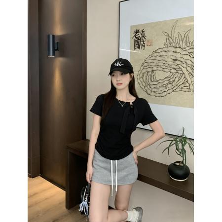 BY13173# 夏款大码女装设计感法式显瘦百搭蝴蝶结别致短袖上衣 服裝批發女裝批發服飾貨源