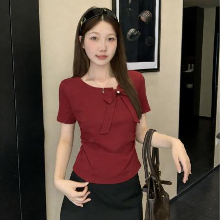 BY13173# 夏款大码女装设计感法式显瘦百搭蝴蝶结别致短袖上衣 服裝批發女裝批發服飾貨源