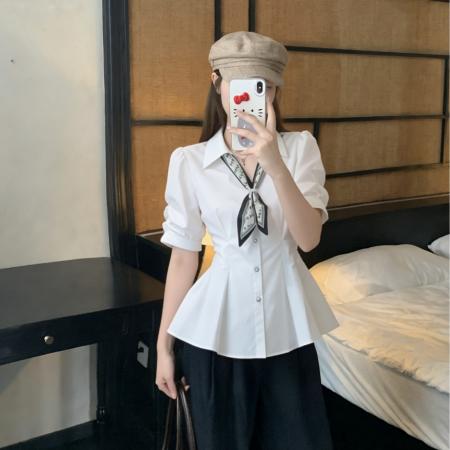 BY13174# 女士衬衫夏季大码设计感短袖V领系带收腰显瘦白色上衣 服裝批發女裝批發服飾貨源