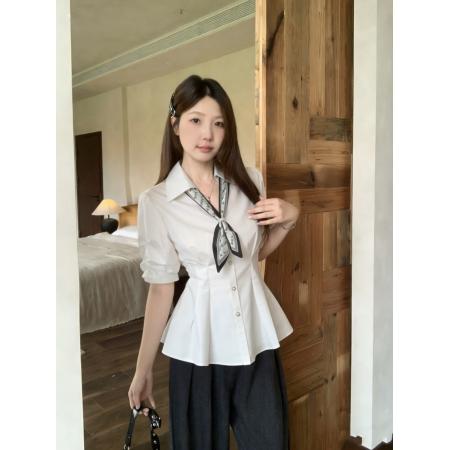 BY13174# 女士衬衫夏季大码设计感短袖V领系带收腰显瘦白色上衣 服裝批發女裝批發服飾貨源