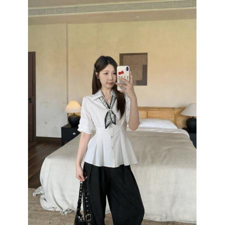 BY13174# 女士衬衫夏季大码设计感短袖V领系带收腰显瘦白色上衣 服裝批發女裝批發服飾貨源