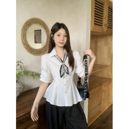 BY13174# 女士衬衫夏季大码设计感短袖V领系带收腰显瘦白色上衣 服裝批發女裝批發服飾貨源
