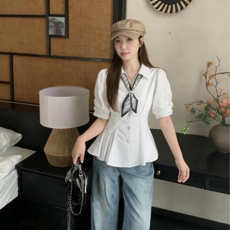 BY13174# 女士衬衫夏季大码设计感短袖V领系带收腰显瘦白色上衣 服裝批發女裝批發服飾貨源