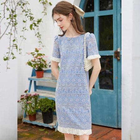 BY13177# 撞色底摆装饰夏新款圆领套头中长款短袖无弹女式连衣裙 服裝批發女裝批發服飾貨源