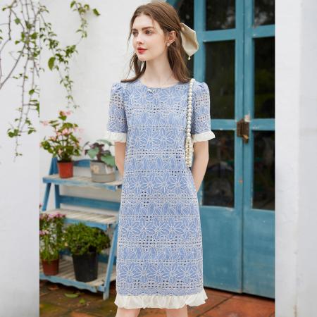 BY13177# 撞色底摆装饰夏新款圆领套头中长款短袖无弹女式连衣裙 服裝批發女裝批發服飾貨源