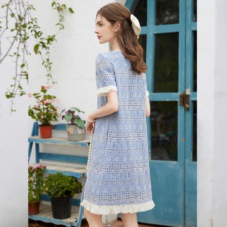 BY13177# 撞色底摆装饰夏新款圆领套头中长款短袖无弹女式连衣裙 服裝批發女裝批發服飾貨源