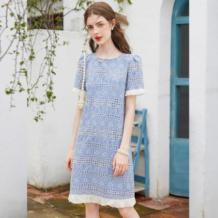 BY13177# 撞色底摆装饰夏新款圆领套头中长款短袖无弹女式连衣裙 服裝批發女裝批發服飾貨源