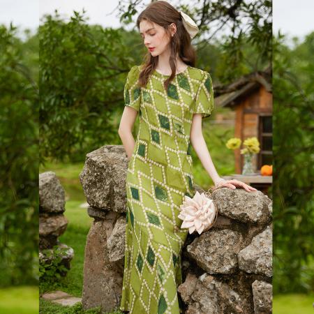 BY13178# 正肩无弹A字裙夏新款时尚气质圆领短袖长款女式连衣裙 服裝批發女裝批發服飾貨源