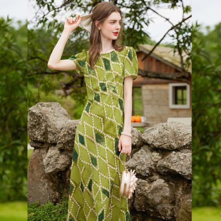 BY13178# 正肩无弹A字裙夏新款时尚气质圆领短袖长款女式连衣裙 服裝批發女裝批發服飾貨源