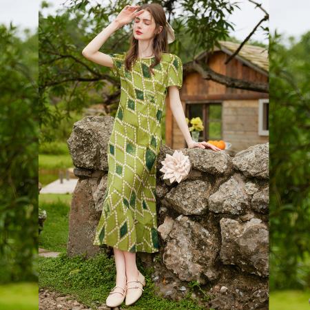 BY13178# 正肩无弹A字裙夏新款时尚气质圆领短袖长款女式连衣裙 服裝批發女裝批發服飾貨源