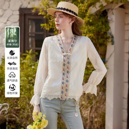 BY13180# 含莱赛尔面料衬衣春夏中式浪漫撞色绣花V领长袖衬衫 服裝批發女裝批發服飾貨源