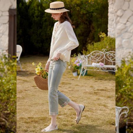 BY13180# 含莱赛尔面料衬衣春夏中式浪漫撞色绣花V领长袖衬衫 服裝批發女裝批發服飾貨源