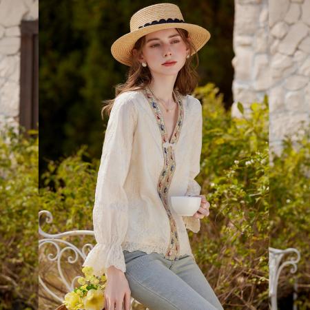 BY13180# 含莱赛尔面料衬衣春夏中式浪漫撞色绣花V领长袖衬衫 服裝批發女裝批發服飾貨源