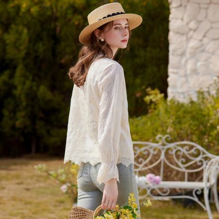 BY13180# 含莱赛尔面料衬衣春夏中式浪漫撞色绣花V领长袖衬衫 服裝批發女裝批發服飾貨源