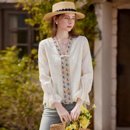 BY13180# 含莱赛尔面料衬衣春夏中式浪漫撞色绣花V领长袖衬衫 服裝批發女裝批發服飾貨源
