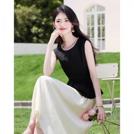 BY13181# 钉珠圆领法式优雅无袖衬衫女夏季新款高级感气质百搭显瘦上衣 服裝批發女裝批發服飾貨源