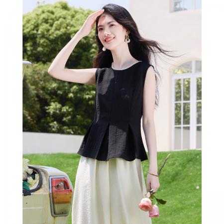 BY13181# 钉珠圆领法式优雅无袖衬衫女夏季新款高级感气质百搭显瘦上衣 服裝批發女裝批發服飾貨源