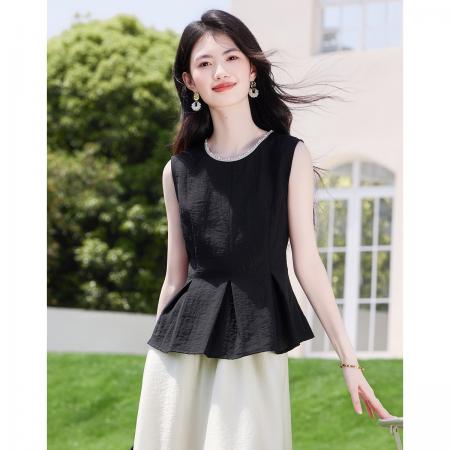 BY13181# 钉珠圆领法式优雅无袖衬衫女夏季新款高级感气质百搭显瘦上衣 服裝批發女裝批發服飾貨源