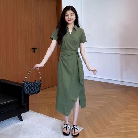 BY13182# 大码设计感不规则气质掐腰连衣裙女夏季胖mm梨型身材显瘦开叉裙子 服裝批發女裝批發服飾貨源