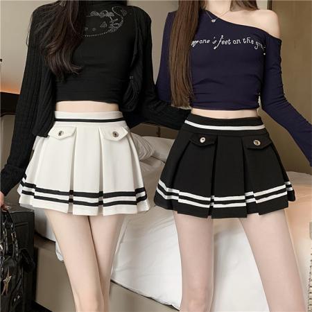 BY13185# 学院风条纹百褶短裙女春夏辣妹防走光高腰显瘦a字半身裙 服裝批發女裝批發服飾貨源