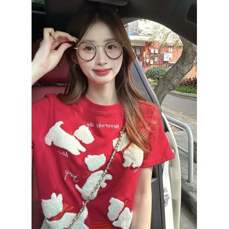 BY13191# 正肩短袖t恤女新款夏季复古设计感毛巾绣上衣 服裝批發女裝批發服飾貨源