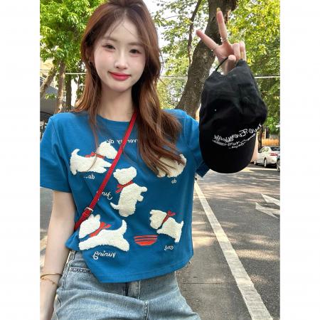 BY13191# 正肩短袖t恤女新款夏季复古设计感毛巾绣上衣 服裝批發女裝批發服飾貨源