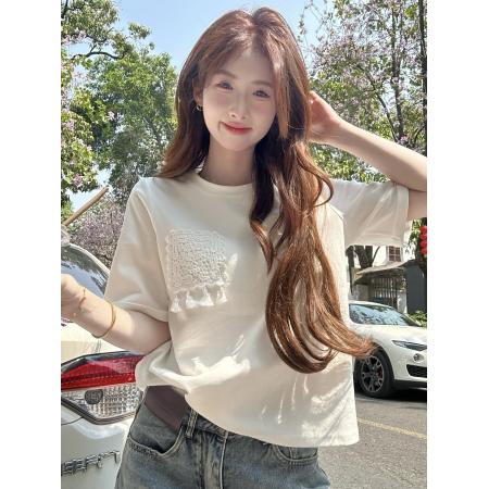 BY13192# 韩系设计感拼接蕾丝口袋流苏百搭短袖T恤上衣 服裝批發女裝批發服飾貨源