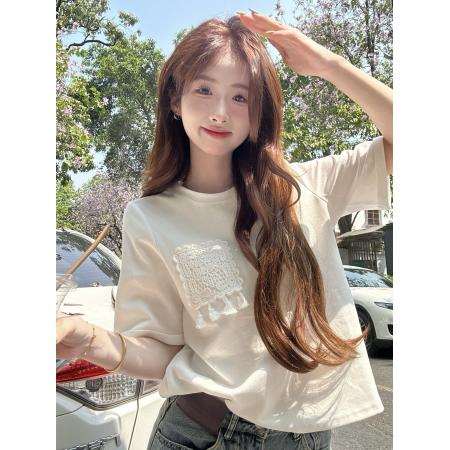 BY13192# 韩系设计感拼接蕾丝口袋流苏百搭短袖T恤上衣 服裝批發女裝批發服飾貨源