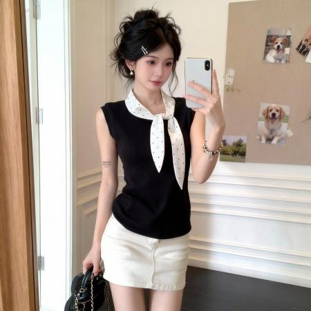 BY13197# 韩系穿搭蝴蝶结波点辣妹巨好看设计感收腰无袖上衣女 服裝批發女裝批發服飾貨源