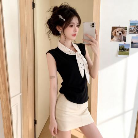 BY13197# 韩系穿搭蝴蝶结波点辣妹巨好看设计感收腰无袖上衣女 服裝批發女裝批發服飾貨源