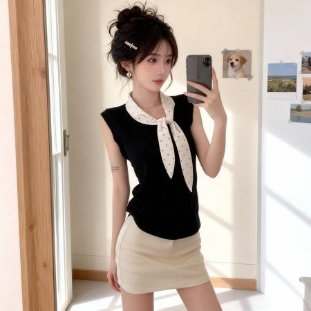 BY13197# 韩系穿搭蝴蝶结波点辣妹巨好看设计感收腰无袖上衣女 服裝批發女裝批發服飾貨源